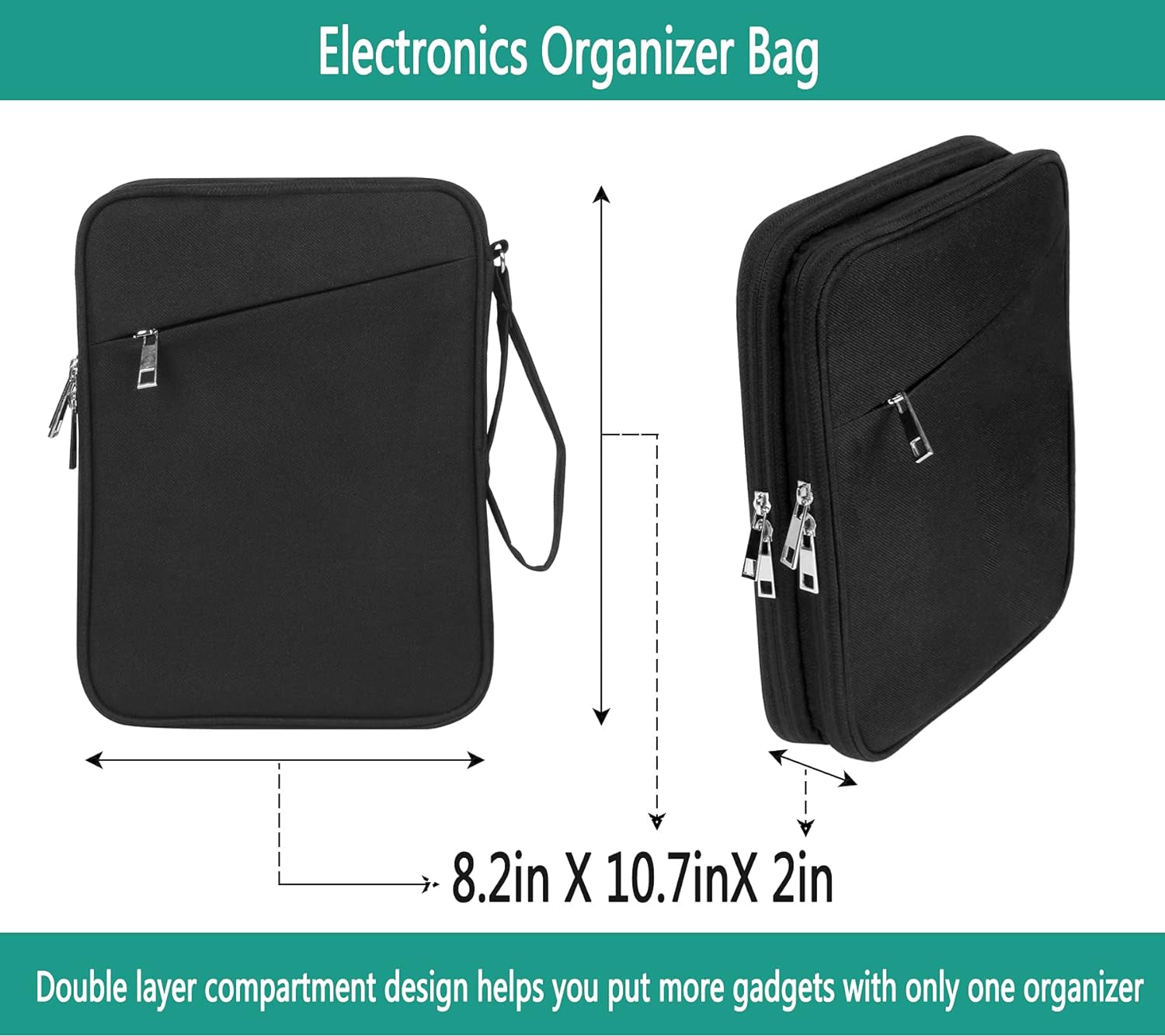 Electronics Organizer,Universal Double Layer Travel Cable Organizer Bag Accessories Storage Case for Cord, Flash Drive, Phone, SD Card, Power Bank,Charger Black