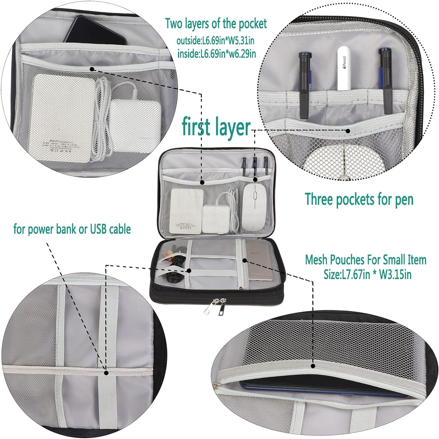 Electronics Organizer,Universal Double Layer Travel Cable Organizer Bag Accessories Storage Case for Cord, Flash Drive, Phone, SD Card, Power Bank,Charger Black