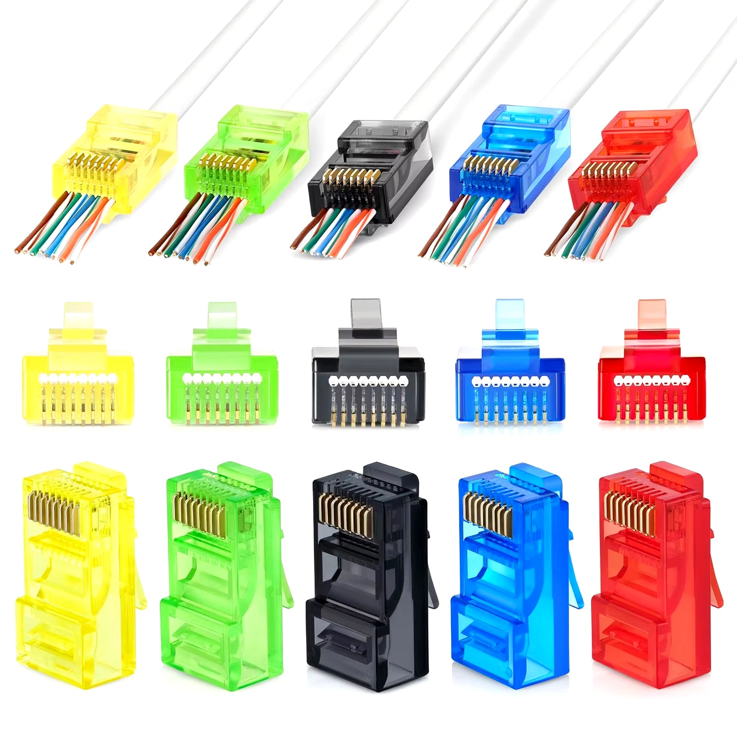 50PCS RJ45 Cat6 Pass through Connectors, Assorted Colors EZ to Crimp Modular Plug for Solid or Stranded UTP Network Cable